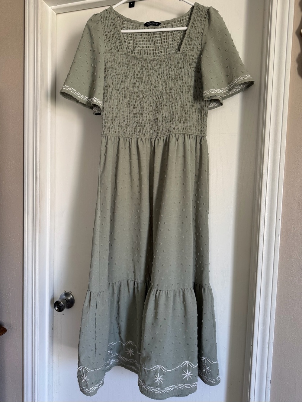 Simple Sage Green Smocked Midi Dress with Embroidered Hem